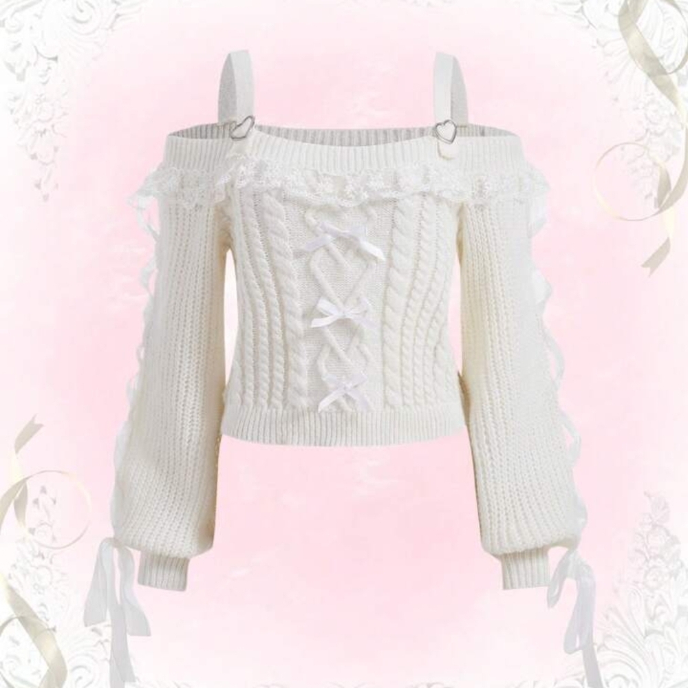 ROMWE Off-Shoulder Cream Sweater with Lace and Ribbon